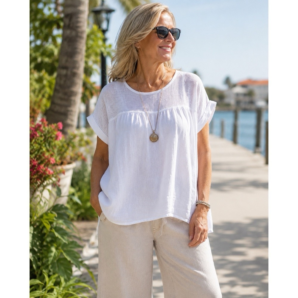 Lungol'Arno White Linen Top Size 3X Made in Italy Short Sleeve Cottagecore